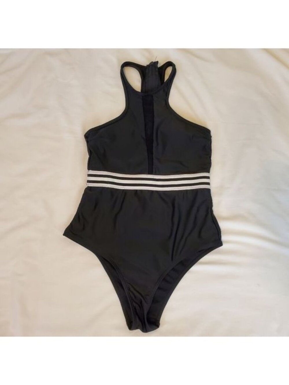 Black Striped One Piece Swimsuit Medium Zip Back Tank Style Bathing Suit